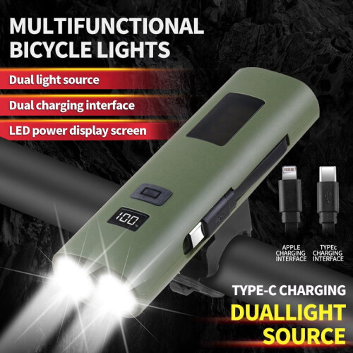 Multifunctional bicycle light, dual light source, dual charging interface, LED power display screen, 3 lighting modes.