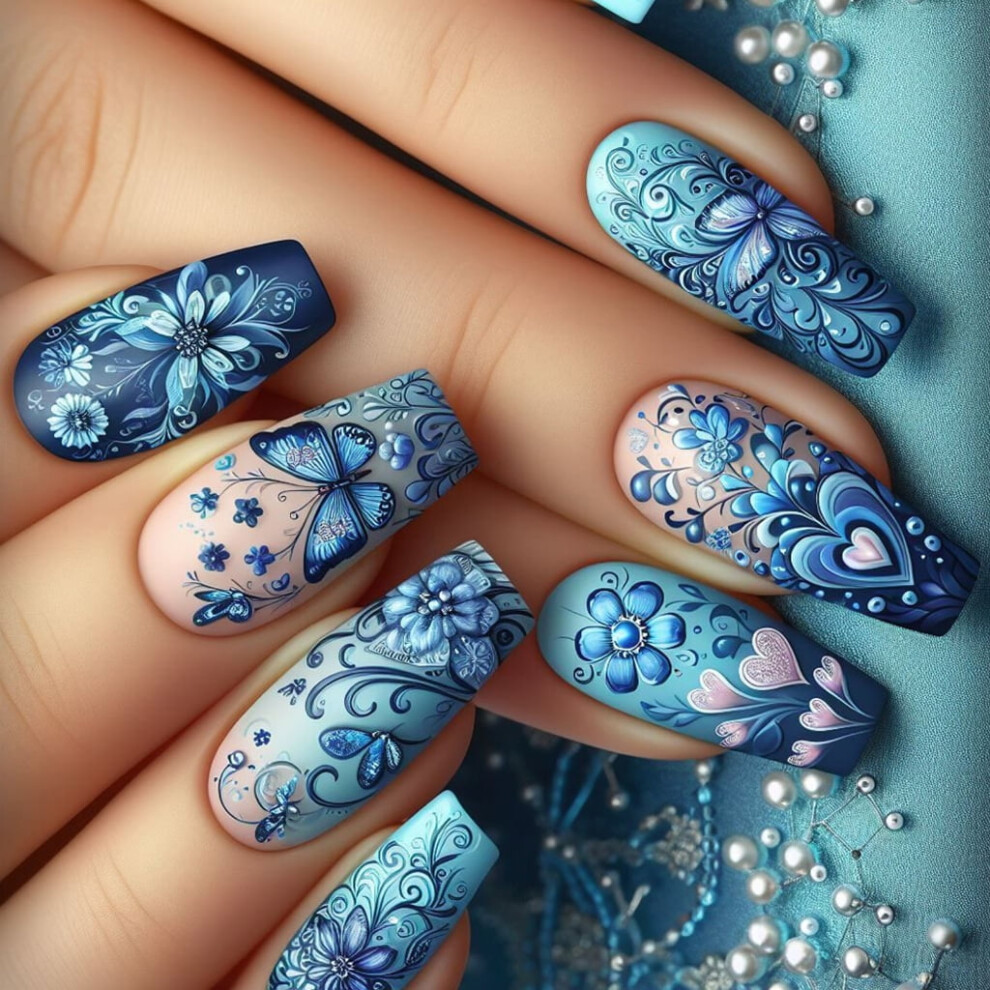 Blue Coffin Press On Nails False Nails French Artificial Nails Butterfly Acrylic Nails 24Pcs Stick On Nails For Women