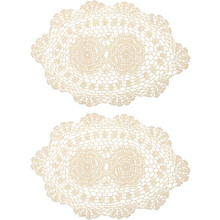 2 Pcs 17x12 Inch Handmade Crochet Doilies, Polyester Cotton Table Placemats Oval Table Crochet Placemats for Dining Table Kitchen Parties, Beige