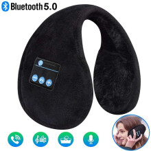 Zwarte Bluetooth-oordopjes voor de winter, warm gehouden met microfoon en opvouwbaar.