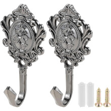 2Pcs Wall Hooks Black Pattern Carved Vintage Drapery Clothes Key Hook Bathroom Bedroom Multi-Function Decorative Hook with Screws