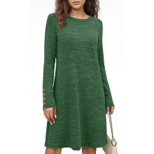 Vestido feminino de cor sólida, manga longa, gola redonda, modelagem solta, casual, confortável, reto, respirável e macio para uso diário.