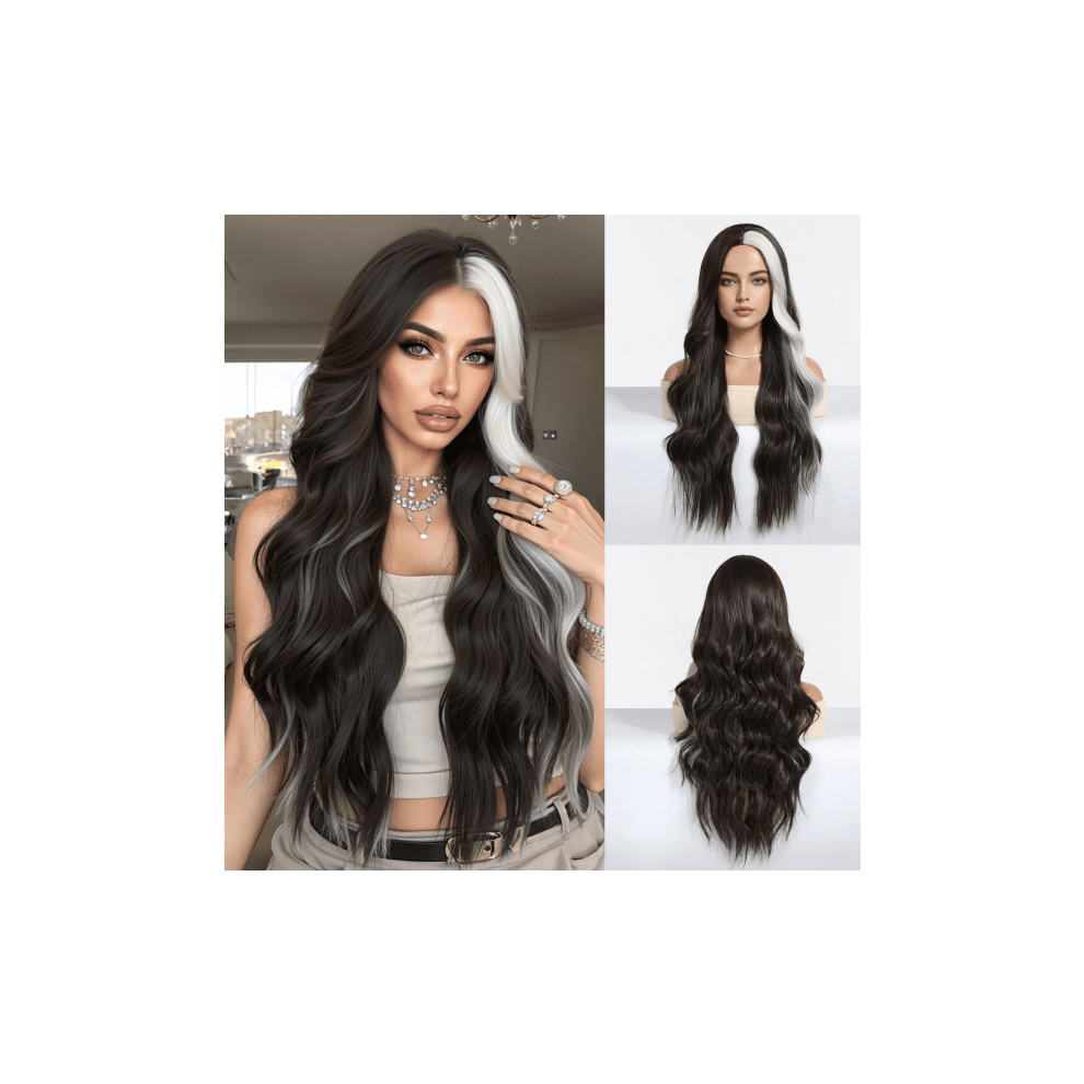 Unisex White,Black 28 Inch Long Curly Wig High-Temp Synthetic Black White
