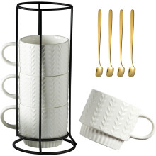 MetalM Stackable Coffee Mugs Set of 4 (13oz), with Spoons & Stand, Dishwasher Safe, White — Compatible with Espresso, Latte, Cappuccino, Tea