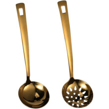 2-Pack Gold Soup Ladle With Colander, 9.5 Inch Heavy Duty Stainless Steel Hotpot Serving Spoons with Long Handle, Kitchen Stirring Utensils (Gold)