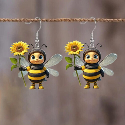 1 ζευγάρι ακρυλικά σκουλαρίκια Little Bee με πρωτότυπο σχέδιο που κρατούν ηλιοτρόπια 1