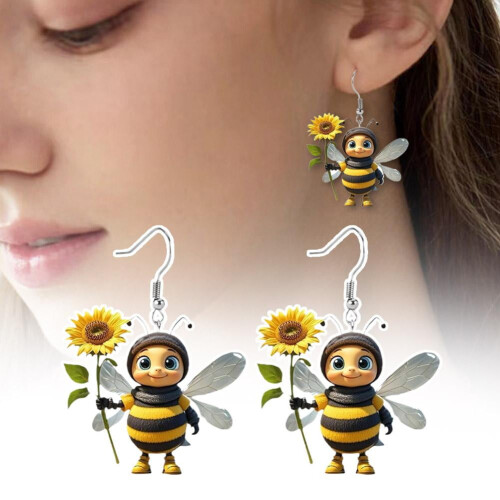 1 ζευγάρι ακρυλικά σκουλαρίκια Little Bee με πρωτότυπο σχέδιο που κρατούν ηλιοτρόπια 2