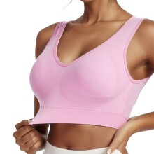 Naadloze sportbeha voor dames, model MID, effen kleur, met uitneembare bh-pads, hoge ondersteuning, kleur: roze, maat: 4XL