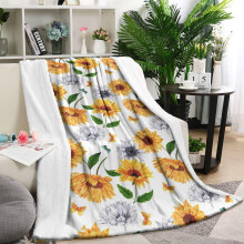 Plaid en flanelle blanche à motif tournesol, 102 x 127 cm, doux et léger, idéal en toutes saisons pour canapé, lit ou fauteuil.
