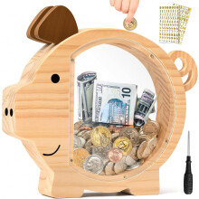 Houten spaarpot voor kinderen en volwassenen, met transparante acryl zijkanten, onbreekbare spaarpot, geschikt voor echte munten.