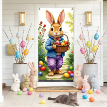 Décoration de porte festive avec lapin et œufs de Pâques (180 x 89 cm), légère et lavable en machine. Décor abstrait et joyeux pour la maison.