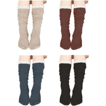 QIANJIA Confezione da 4 calze da donna in cotone a maglia, calze al ginocchio con bordo in pizzo (beige, grigio scuro, nero, marrone)