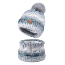 Ombre Knit Beanie & Neck Warmer Set with Pom Pom Winter Warm Stylish Daily Headwear Gray
