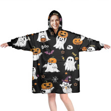 Wearable Oversized Blanket Hoodie with Halloween Ghosts & Pumpkins, Cozy Fuzzy Pullover with Pockets – Compatible with Adults