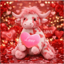 Peluche vache Highland rose avec coussin en forme de cœur – Saint-Valentin
