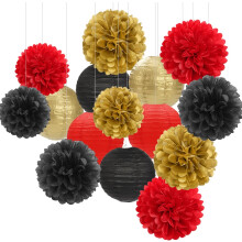 Lanterne di fiori di carta NestE rosse, nere e oro – 15 pezzi Pompon e nastri a tema casinò per Halloween, compleanno, matrimonio, addio al
