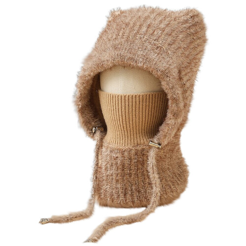 Conjunto de gorro e cachecol de tricô feminino, cáqui 1
