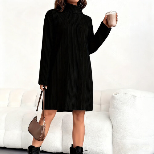 Strikkjole Høj hals Langærmet Oversized Sort XL 1
