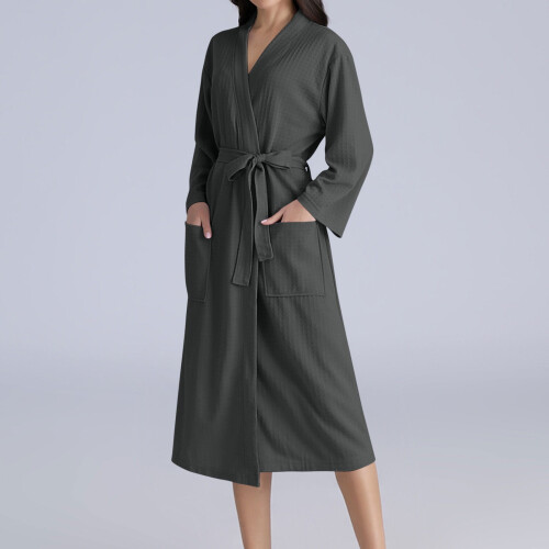 Γιούνισεξ ρόμπα με μακριά μανίκια και V λαιμόκοψη, μονόχρωμη και ζώνη, απαλή,