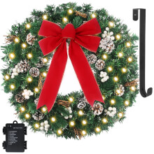 Couronne de Noël artificielle pré-illuminée de 61 cm (24 po) pour porte d'entrée, décorée de pommes de pin, de branches givrées et de 50