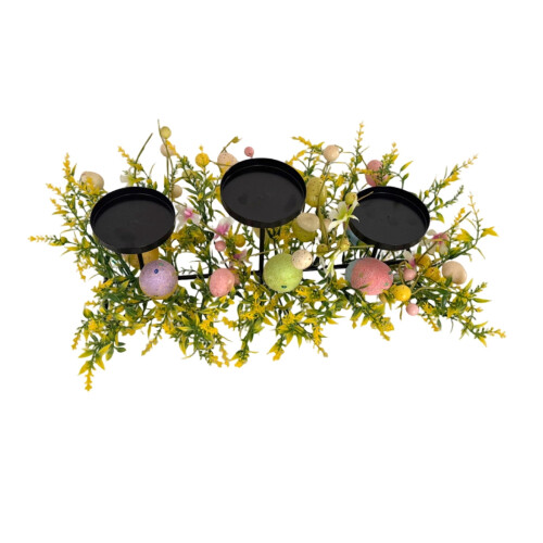 Suporte para velas de Páscoa em metal preto, bandeja de 19 polegadas para 3 velas.