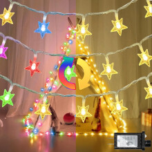 Cordão de luzes em formato de estrela com 120 LEDs, 12 metros de comprimento, 8 modos, temporizador e memória, para uso interno e externo, cores