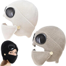 Gorro de esqui unissex de inverno com óculos de proteção - Gorro de malha para atividades ao ar livre com máscara removível.