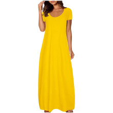 Plus Size Enfärgad Klänning för Dam - Sexig Rund Hals Kortärmad Långklänning med Fickor, Snygg Avslappnad Lös Passform för Vardagliga