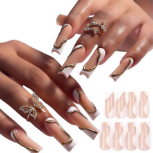 Unhas postiças de acrílico com design francês elegante, fáceis de aplicar e remover.