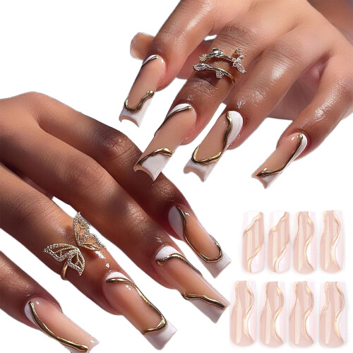 Unhas postiças de acrílico com design francês elegante, fáceis de aplicar e remover.