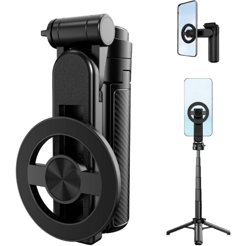 Selfie stick magnetico 4 in 1 con rotazione a 360 e telecomando wireless, compatibile con iPhone e Android.