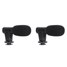 Microfone de vídeo duplo, mini condensador para câmera, ideal para gravar entrevistas e vlogs com seu celular ou câmera DSLR. Conector de 3,5 mm.