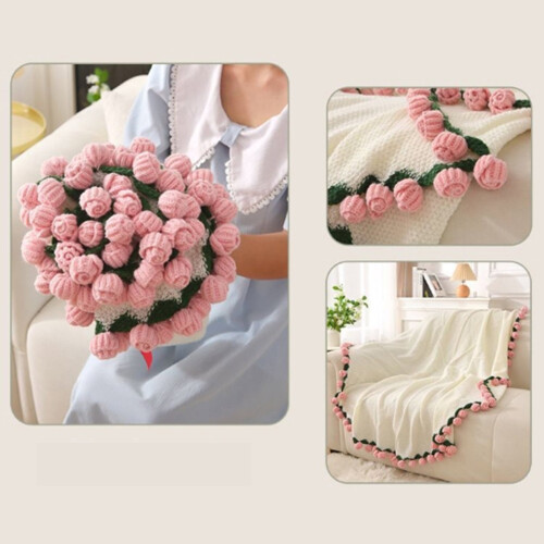 Handmade knitted rose bouquet blanket 1 piece