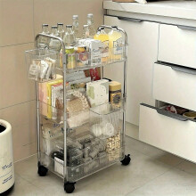 360 Rotating Multi-Layer Rolling Storage Cart With Wheels - White & Black Plastic Organizer For Kitchen, Bathroom, And Bedroom