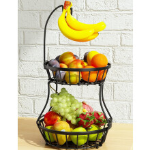 2-Tier Stackable Fruit & Veg Basket with Banana Hanger, Metal Wire Storage for Kitchen Countertop – Black, compatible with standard kitchen setups