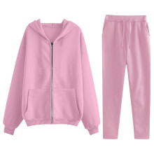 Women's Solid Color Leisure Long Sleeve Zip-Up Hooded Sweatshirt and Pants Set - Long Sleeve Hooded Leisure Suit