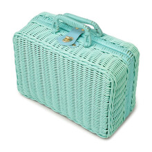 Vintage Wicker Picnic Basket – Small Rattan Suitcase with Handle, Leather Strap Lock, Rustic Storage Hamper & Makeup Organizer for Camping, Travel