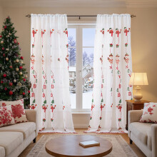 Rode, geborduurde, transparante kerstgordijnen, 213 cm, met kerstboom-/kerstmanmotief, 2-delige set voor woonkamer, slaapkamer en eetkamer –