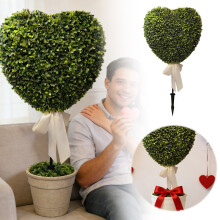 29.5" Valentine's Heart Topiary Garden Stake – Faux Boxwood, White Bow, Romantic Decor for Pot/Porch/Wedding (Green)