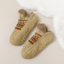 Dames pantoffelsokken met antislipzool, superzacht en warm, gevoerd met fleece, kaki maat M – comfortabele wintersokken voor binnen