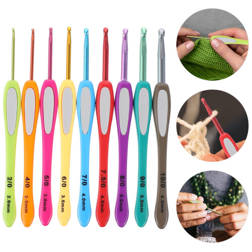 Set de 9 croșete din aluminiu cu mânere din plastic