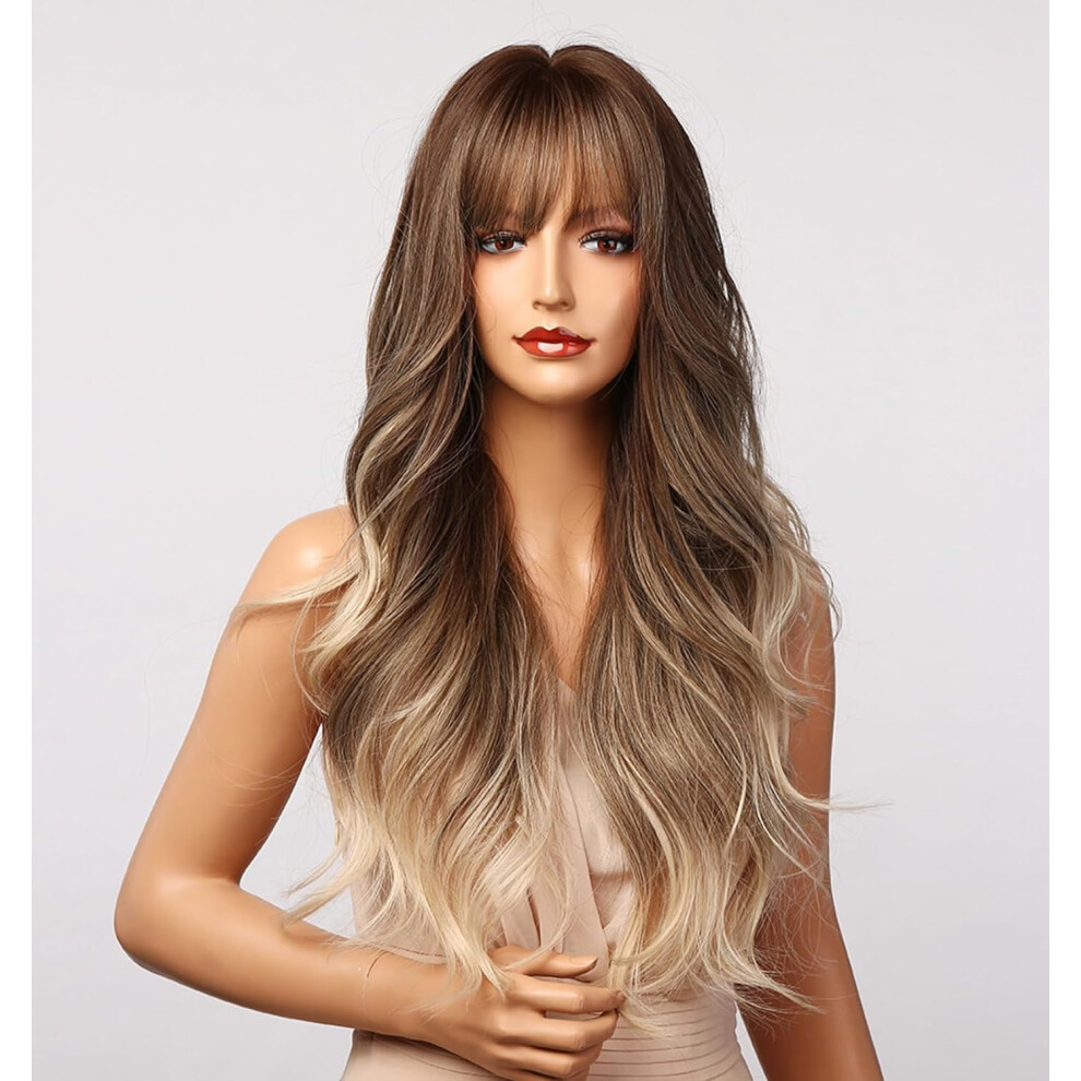 Unisex Brown Ombre To Ash Blonde Synthetic Wig With Bangs, 22 Inch