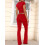 Solid Color Slim Fit Short Sleeve Trousers Suit Red S 2
