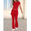 Solid Color Slim Fit Short Sleeve Trousers Suit Red XS 4