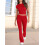 Solid Color Slim Fit Short Sleeve Trousers Suit Red XS 5