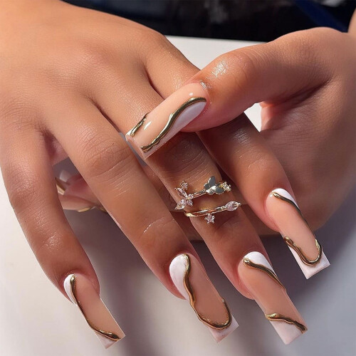 Unhas postiças de acrílico com design francês elegante, fáceis de aplicar e remover. 1