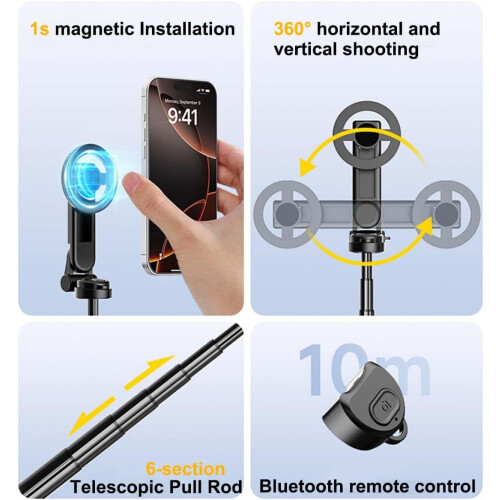 Selfie stick magnetico 4 in 1 con rotazione a 360 e telecomando wireless, compatibile con iPhone e Android. 2