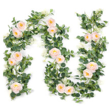 2 Pack Eucalyptus Garland with Champagne Rose, Greenery Garland Bulk Artificial Silk Floral Eucalyptus Leaves Vines(B)