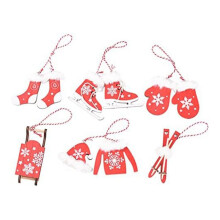 Addobbi per L'Albero di Natale Guanti in Legno Calzini Vestiti Cappello Slitta Sci Pendenti Appesi Etichette Decorazioni Natalizie Rosso
