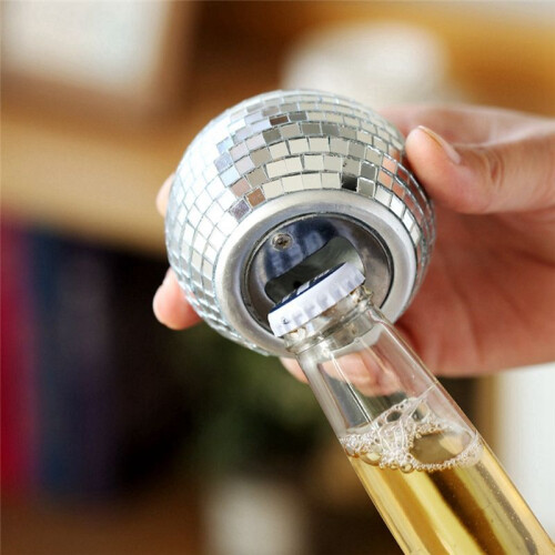Bieröffner im Spiegeldesign, Discokugelform, Bierfänger, Spiegeldesign, Öffner, Spiegelkugel-Dekor, Silber 1